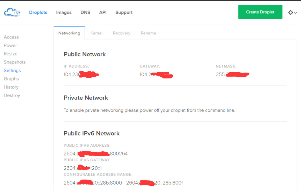 在droplet的setting中启用ipv6后的页面